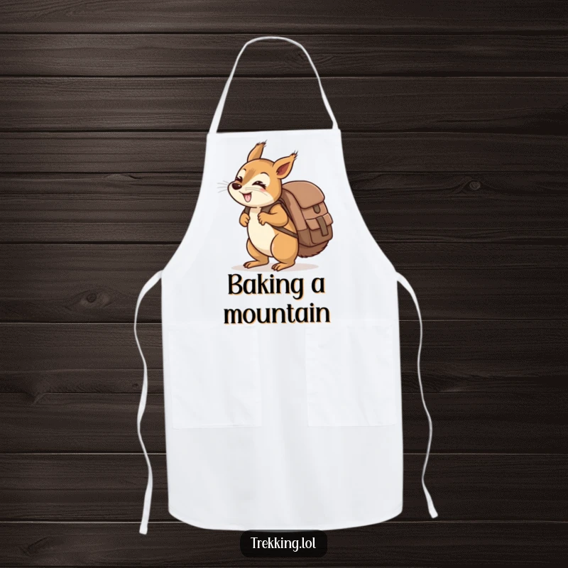 Funny giggling squirrel carrying a ridiculously oversized backpack uphill on an apron, kitchen humor.