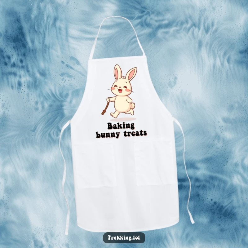 Funny apron featuring a cheerful rabbit joyfully skipping and holding a walking stick, suitable for kitchen fun and whimsical themes.