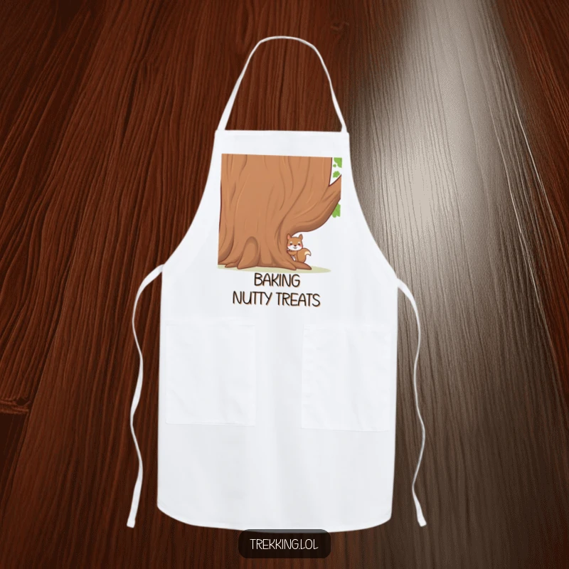 Funny apron featuring a shy squirrel peeking from behind a large tree, adding a cute and practical touch to kitchen activities.