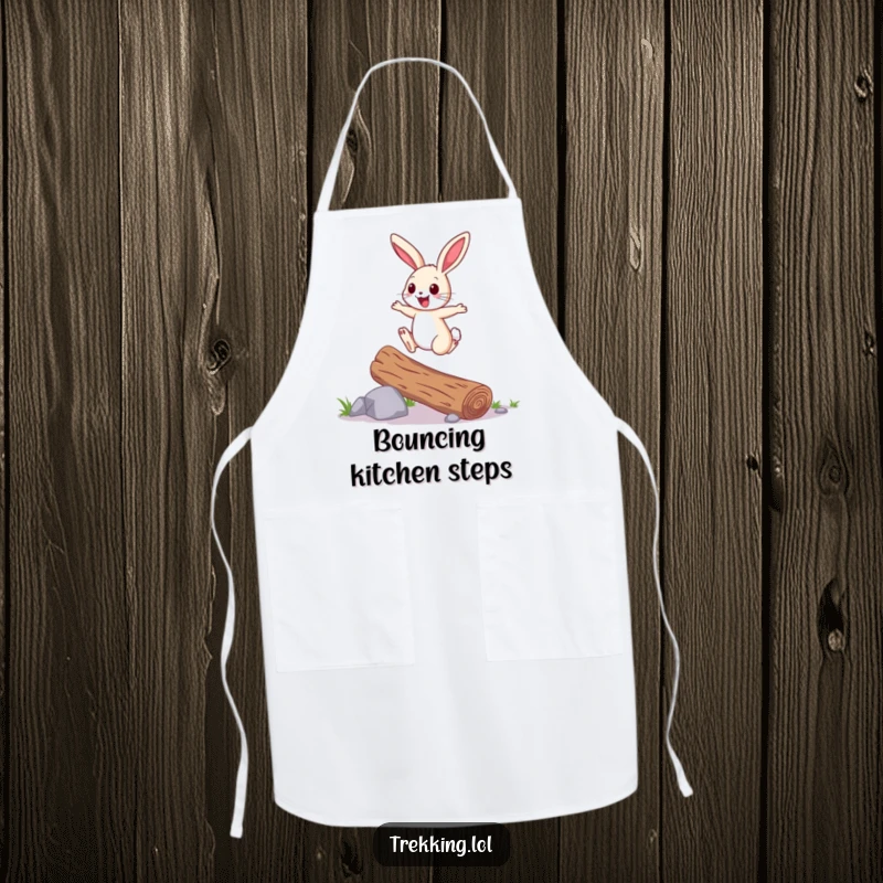 Funny Apron: A cheerful bunny chef hops over a fallen log with joyful energy, adding a touch of playful humor to kitchen tasks.