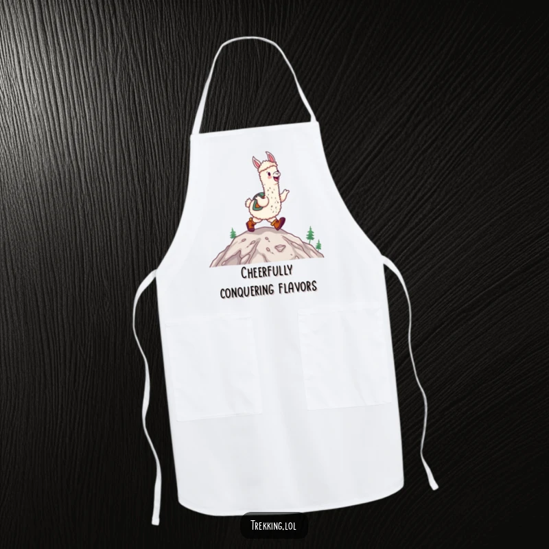 Funny happy alpaca wearing hiking boots, joyfully skipping up a mountain on an apron, kitchen humor.