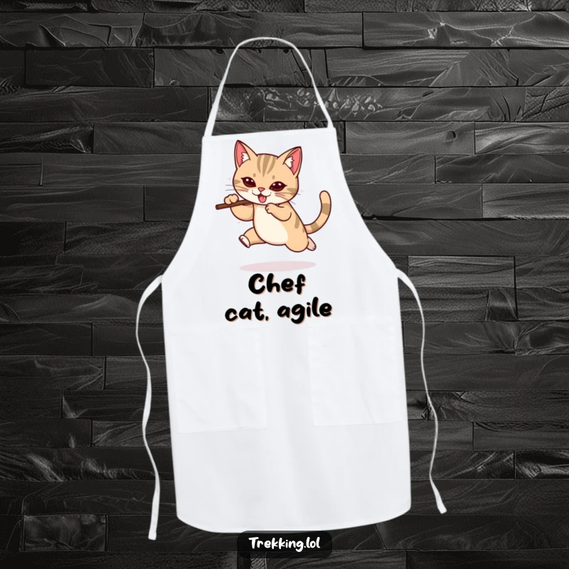 Funny apron depicting a determined cat leaping with a walking stick, perfect for adding humor and a sense of action to kitchen tasks.