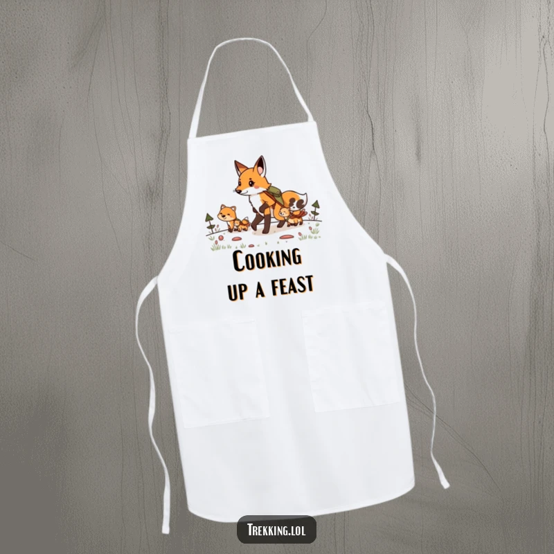 Funny apron with a determined fox leading animals on a hike, ready to guide any kitchen creation with flair.