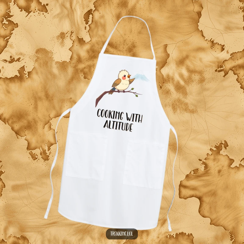 Funny Apron depicting a cheerful bird on a branch, pointing towards a distant mountain, making cooking and baking a humorous adventure.