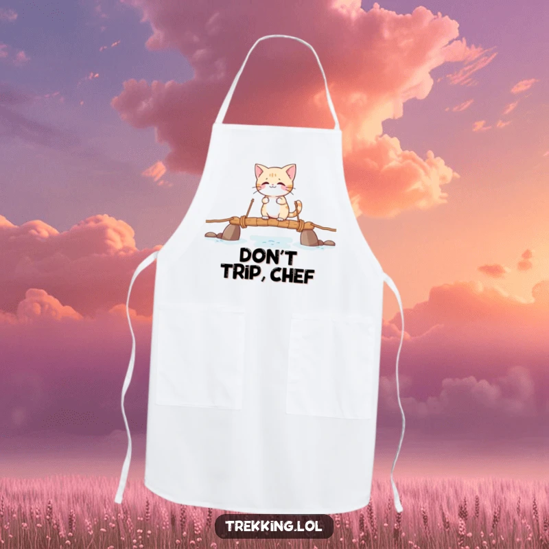 Funny apron with a giggling cat character carefully crossing a rope bridge, adding humor to kitchen activities.