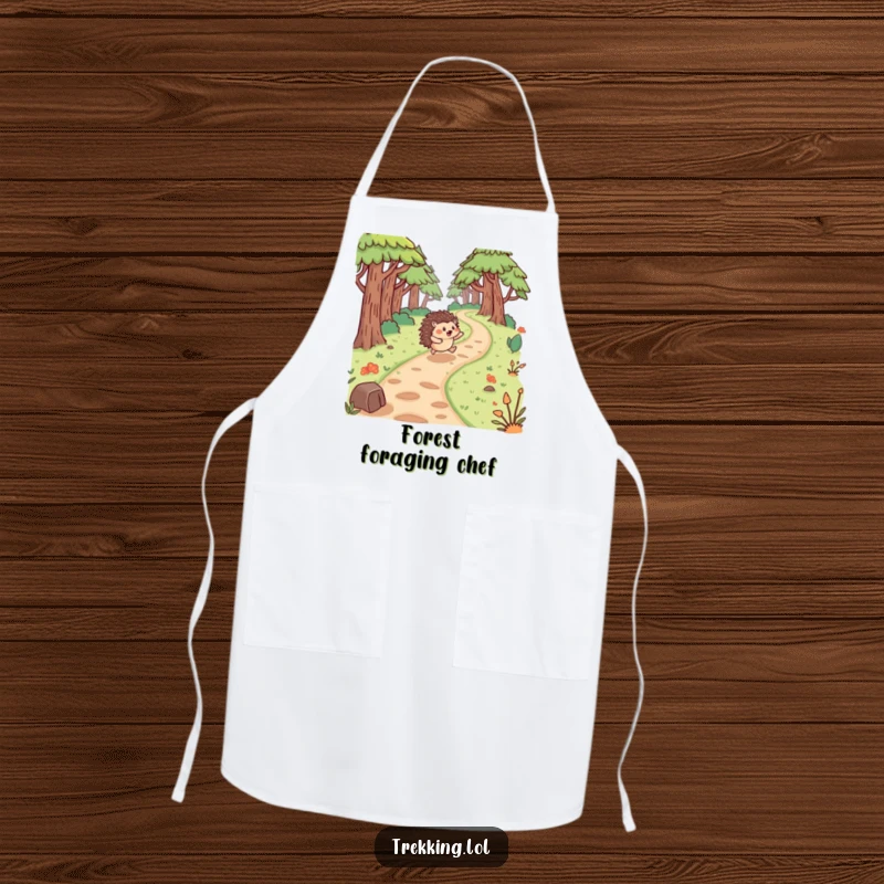 Funny hedgehog apron design: a hedgehog bouncing exuberantly along a forest path, symbolizing energy and love for nature.