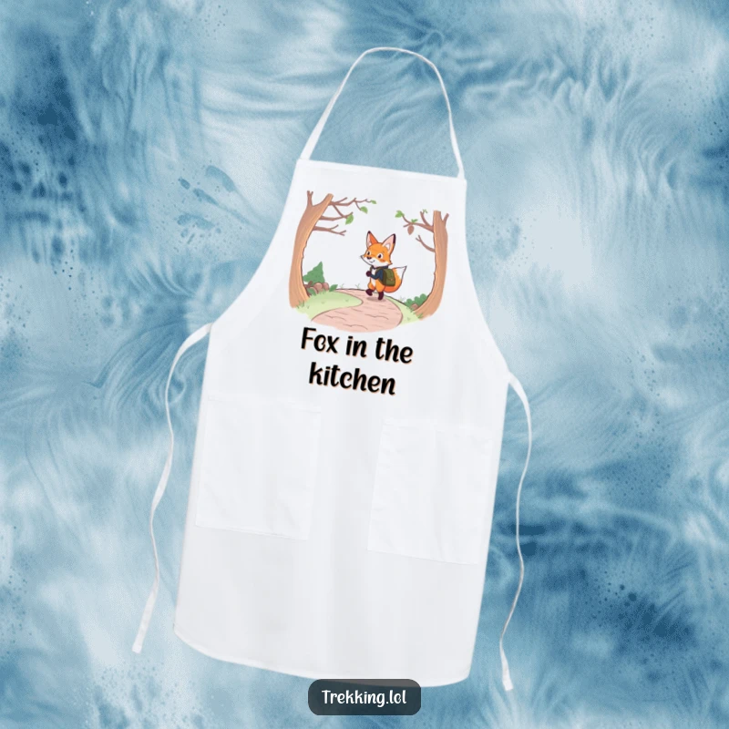 Funny fox backpacking apron with a determined fox and backpack cheerfully navigating a winding path, ideal for kitchen adventures.