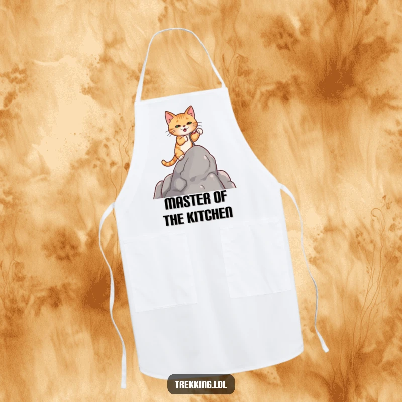 Funny kitchen apron showing a determined cat using a tiny grappling hook to ascend a rock, for cooking fun.