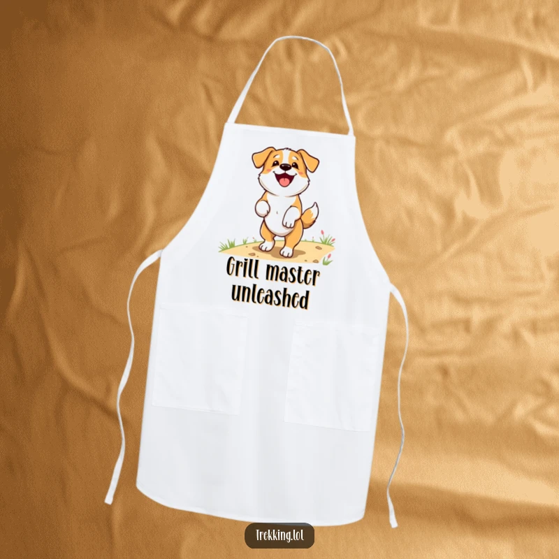 Funny Apron with a delighted dog panting happily and wagging its tail on a trail, perfect for adding humor to cooking activities.