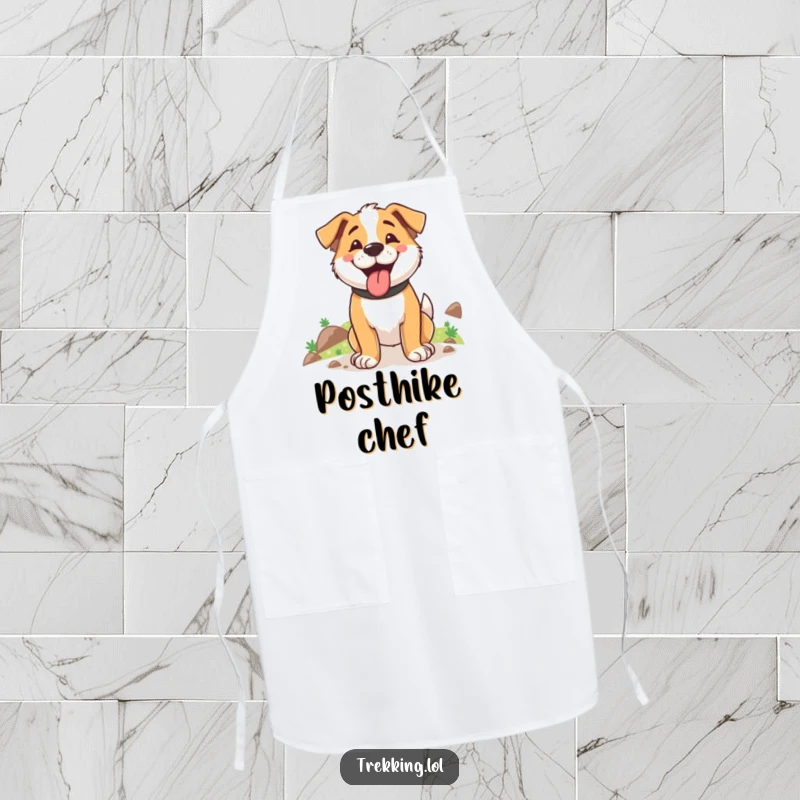 Funny kitchen apron showing a happy dog panting after an uphill hike, for cooking and outdoor enthusiasts.