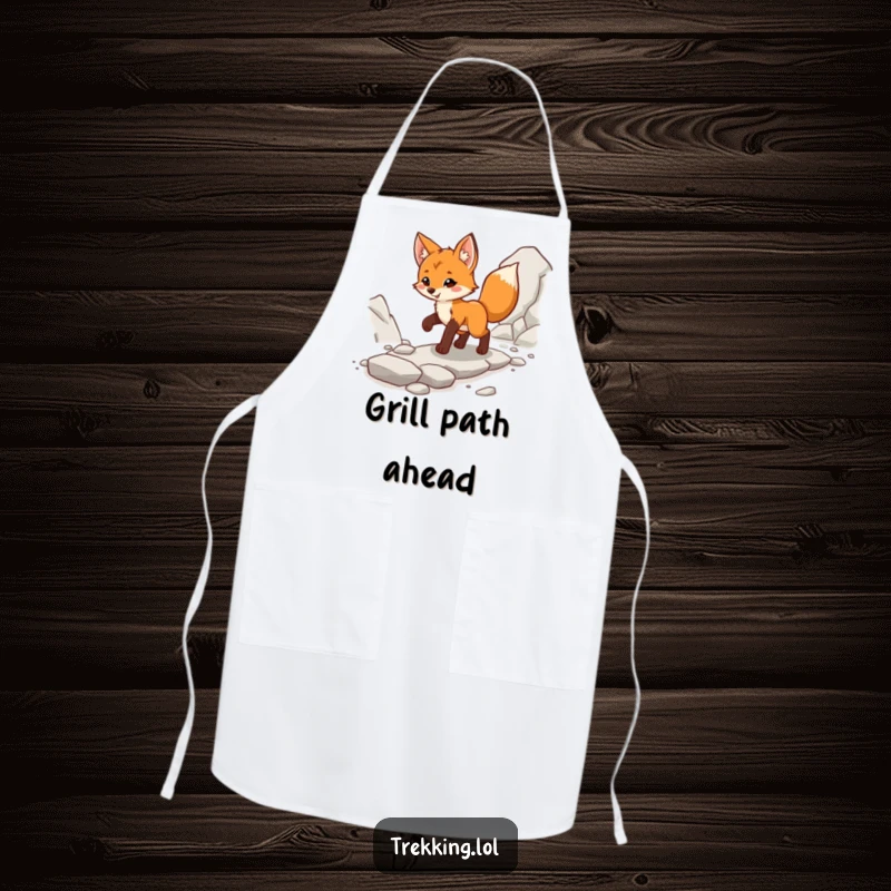 Funny fox cub apron, confidently navigating a rocky path, ready to prepare delicious meals with flair.