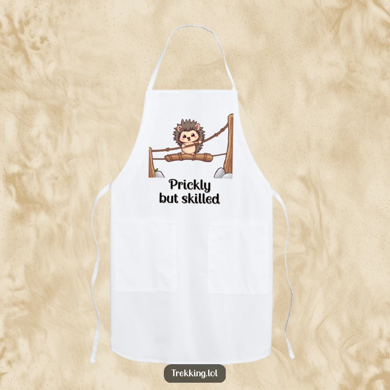 Funny apron showing a brave hedgehog cautiously crossing a rope bridge, ready for kitchen tasks with a courageous spirit.