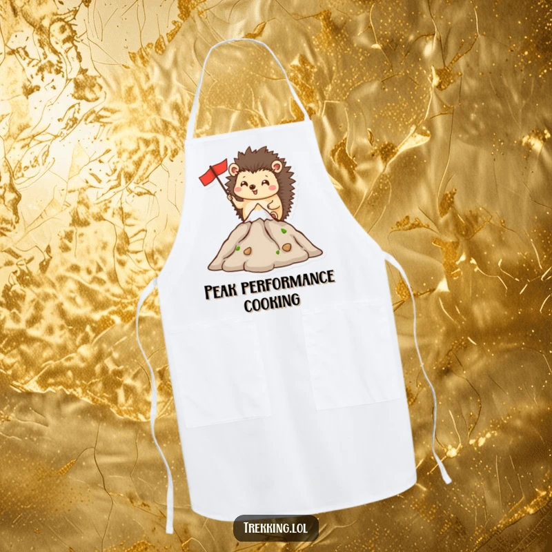 Funny apron with a happy hedgehog character planting a flag on a miniature mountain peak, adding kitchen humor.
