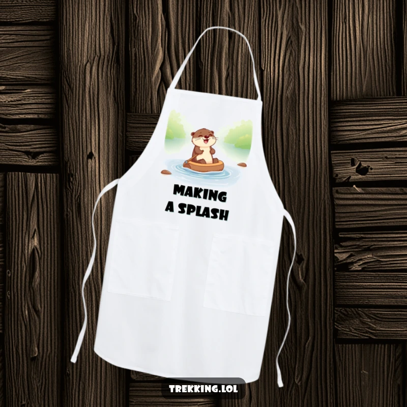 Funny otter apron with a giggling otter paddling a tiny raft down a river, ideal for cooking or baking.