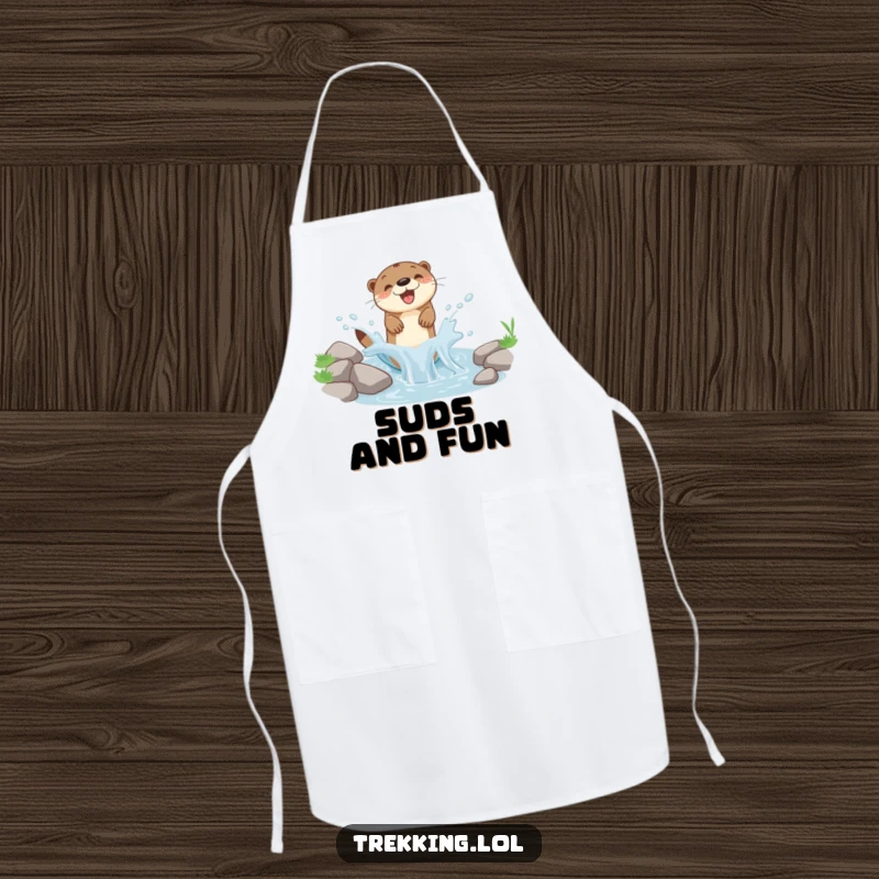 Funny kitchen apron showing a gleeful otter splashing water in a small stream, perfect for cooking and baking.