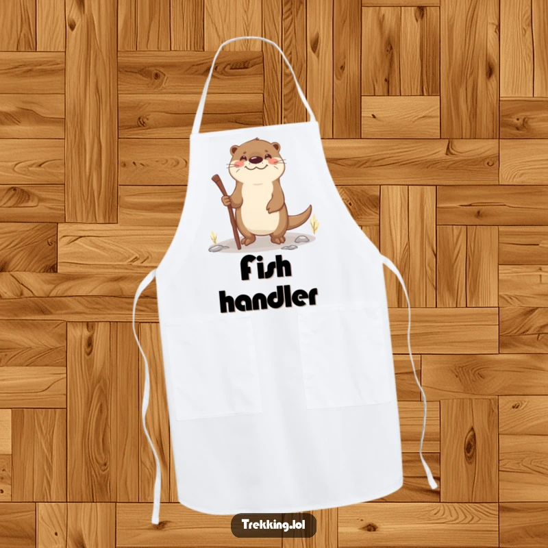 Funny otter walking stick apron with a smiling otter using a stick as a walking aid on uneven terrain, ideal for kitchen fun.