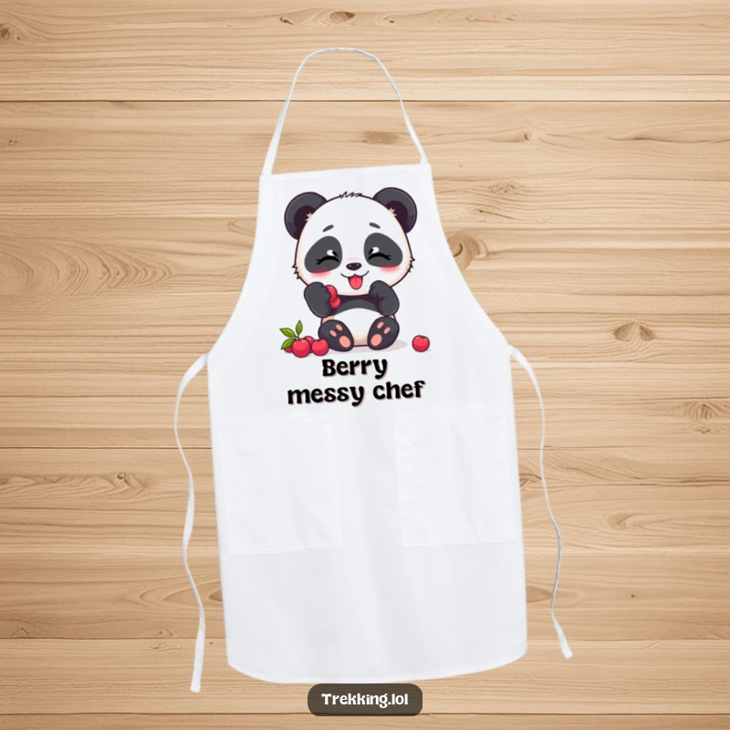 Funny panda apron, a happy panda character giggling while munching on delicious berries.