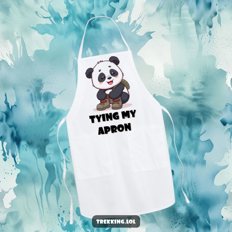 Funny panda apron design: a panda tying its hiking boot laces, ready to hit the trails, symbolizing preparation and adventure.