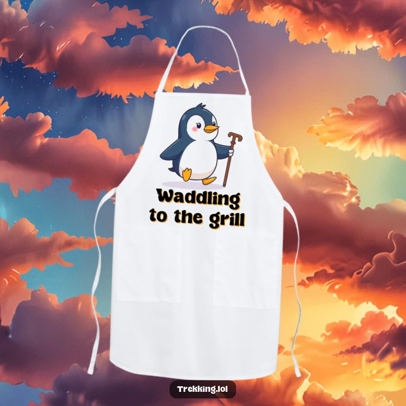 Funny penguin waddling with a walking stick, featured on a kitchen or travel apron, practical and amusing.