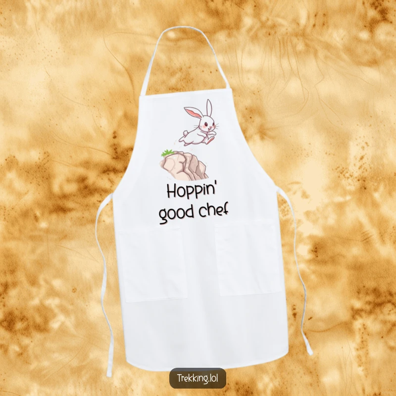 Funny Apron with a determined rabbit leaping across a small chasm, perfect for adding humor and bravery to kitchen tasks.