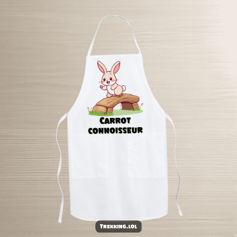 Funny rabbit log bridge apron with a happy rabbit and a grin, hopping over a small log, ideal for humorous kitchen tasks.