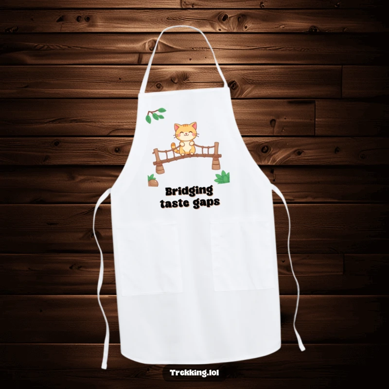 Funny apron featuring a smiling cat character crossing a rickety rope bridge, ideal for kitchen use.