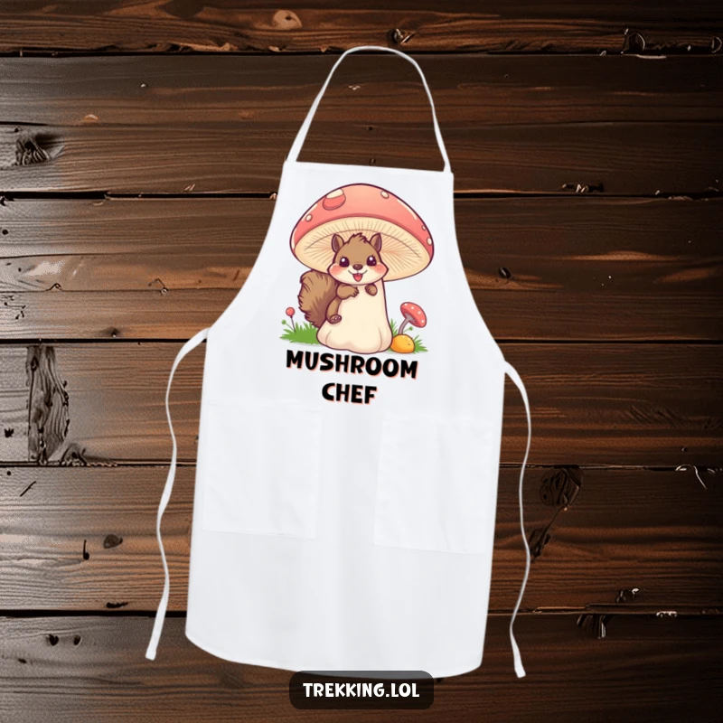 Funny squirrel mushroom apron with a fluffy squirrel peeking excitedly from behind a large, colorful mushroom, ideal for kitchen fun.
