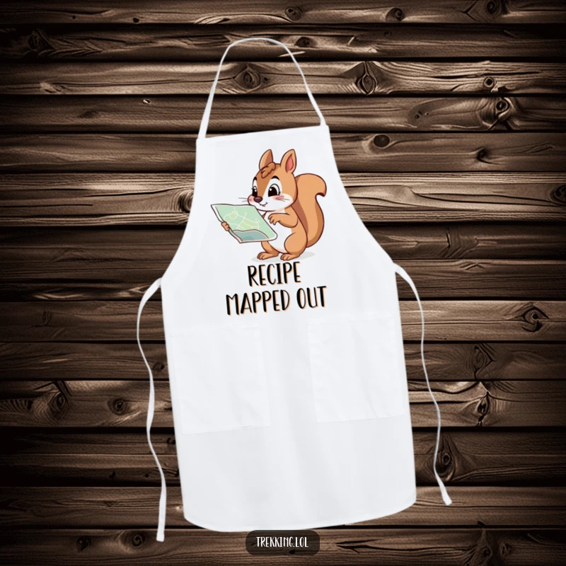 Funny apron showcasing a curious squirrel pointing at a map with a determined expression, ideal for a humorous and organized cooking experience.