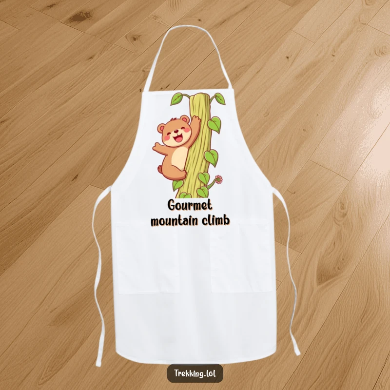 Funny Apron: A happy bear chef grins while enthusiastically climbing a towering beanstalk, adding humorous adventure to kitchen tasks.