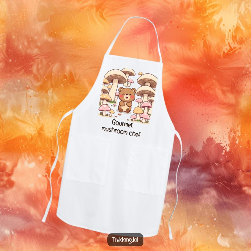 Funny apron featuring a giggling bear attempting to navigate a maze of giant mushrooms, perfect for kitchen use with a humorous design.