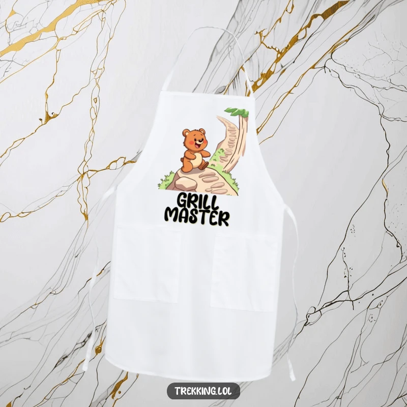 Funny apron with a determined bear gleefully navigating a steep, winding path, perfect for kitchen adventures and outdoor fans.