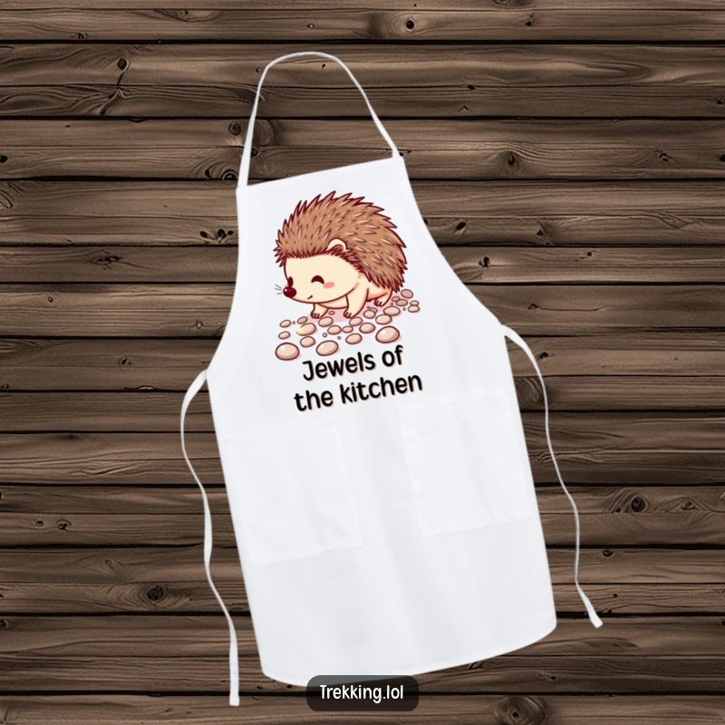 Funny kitchen apron showing a cheerful hedgehog carefully walking on a path of sparkling pebbles, for cooking fun.