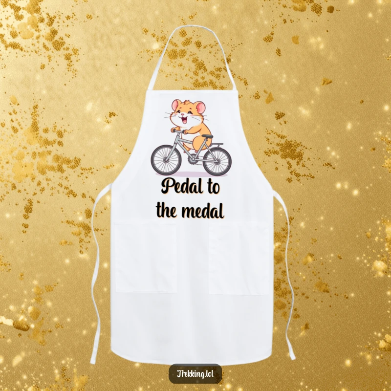 Funny Apron with a giggling hamster pedaling a tiny bicycle uphill, ideal for kitchen use and adding humor to cooking tasks.