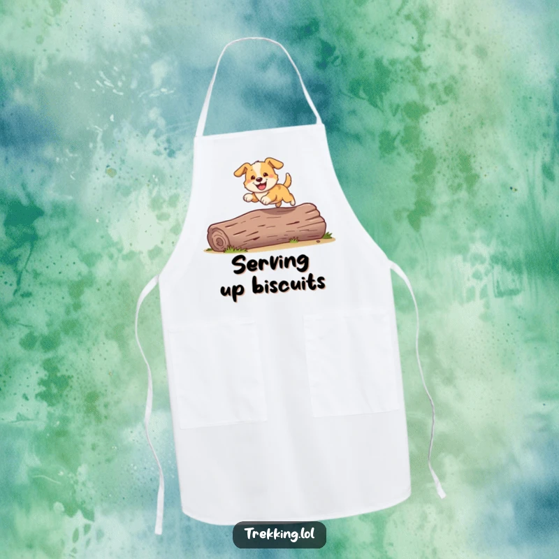 Funny apron featuring a playful dog grinning as it bounds over a fallen log, bringing kitchen fun to life.