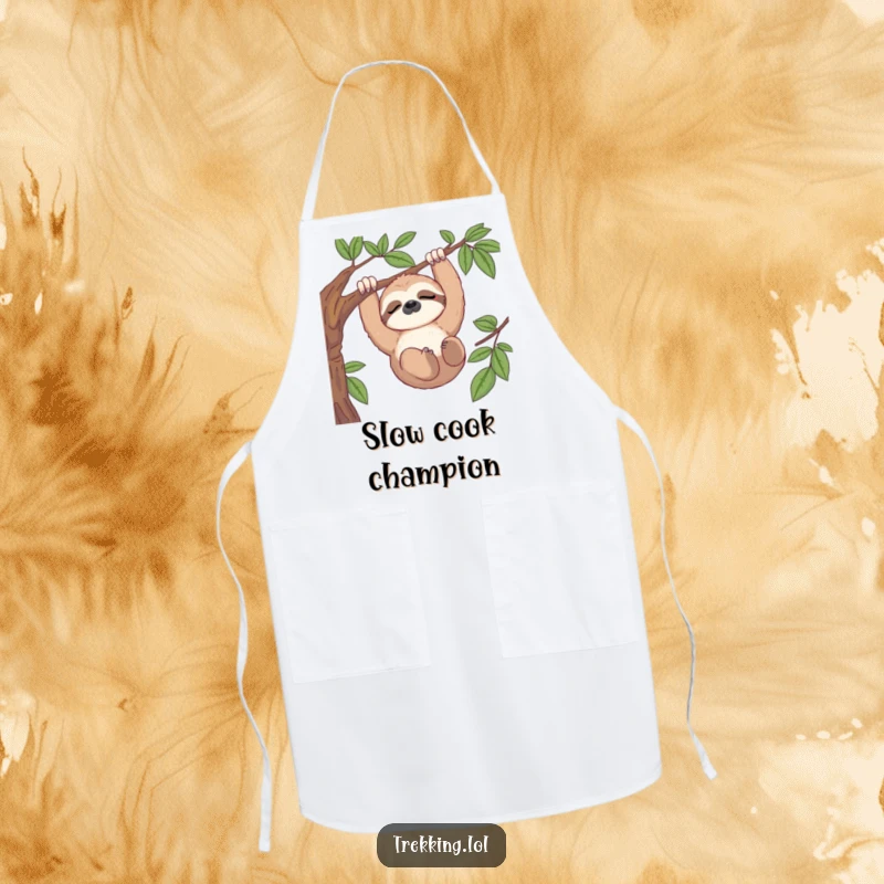 Funny kitchen apron showing a sleepy sloth hanging from a branch, enjoying a view, for slow cooking fun.