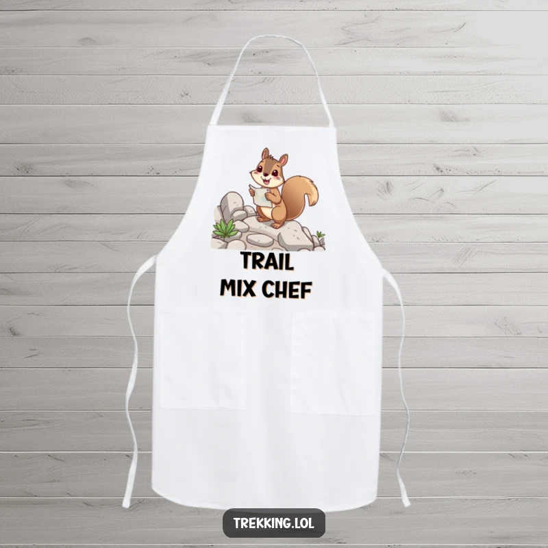 Funny squirrel apron with a cheerful squirrel holding a map, happily navigating a rocky path, ideal for cooking.