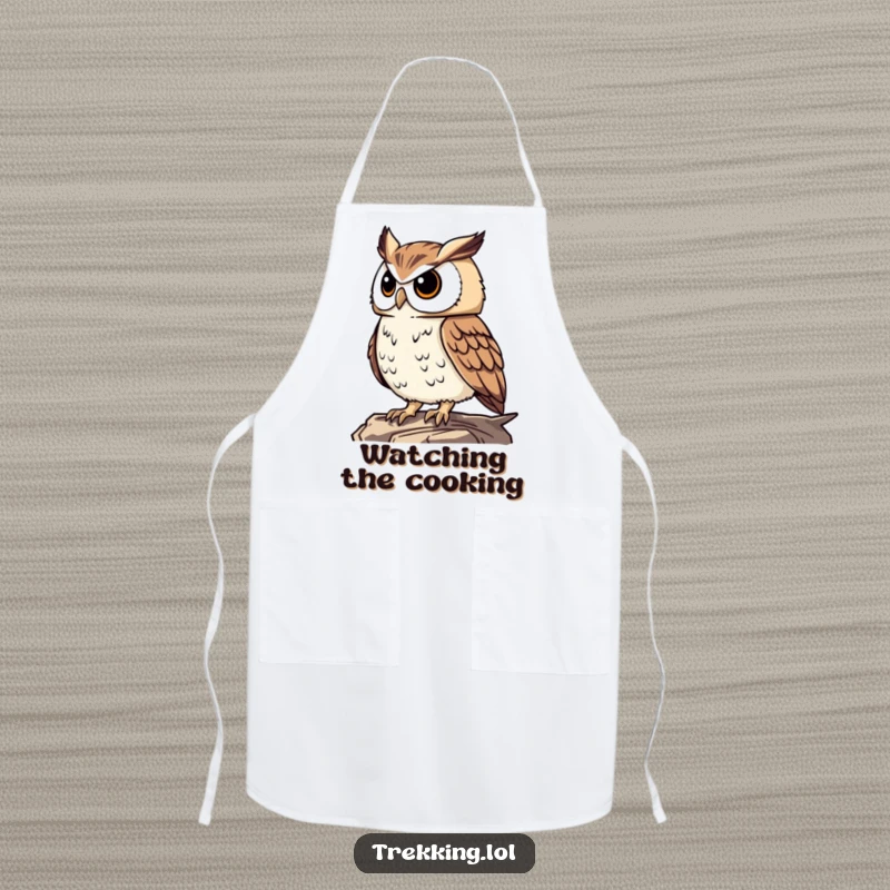 Funny proud owl surveying the landscape from a high vantage point, printed on a practical apron for humorous kitchen wisdom.