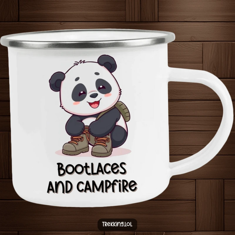 Funny panda camping mug showing a panda tying its hiking boots, ready for a wilderness adventure, enjoying the outdoors.