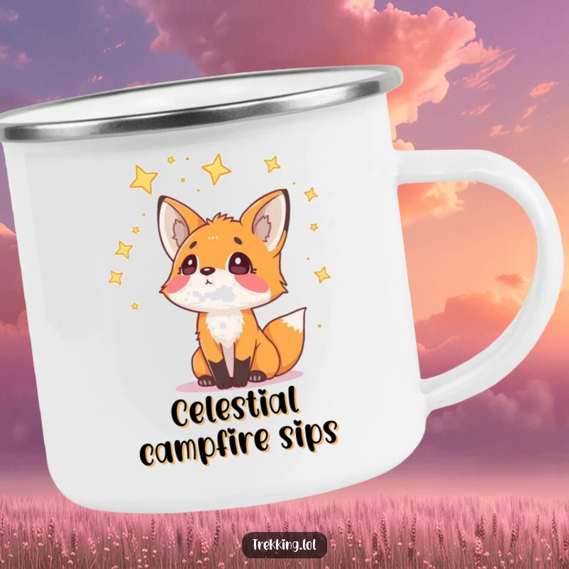 Funny Camping Mug with a curious fox looking up at a sky full of stars, perfect for enjoying drinks outdoors with a sense of wonder.