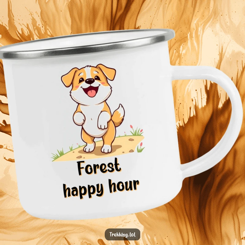 Funny Camping Mug with a delighted dog panting happily and wagging its tail on a trail, perfect for outdoor enthusiasts seeking humor.