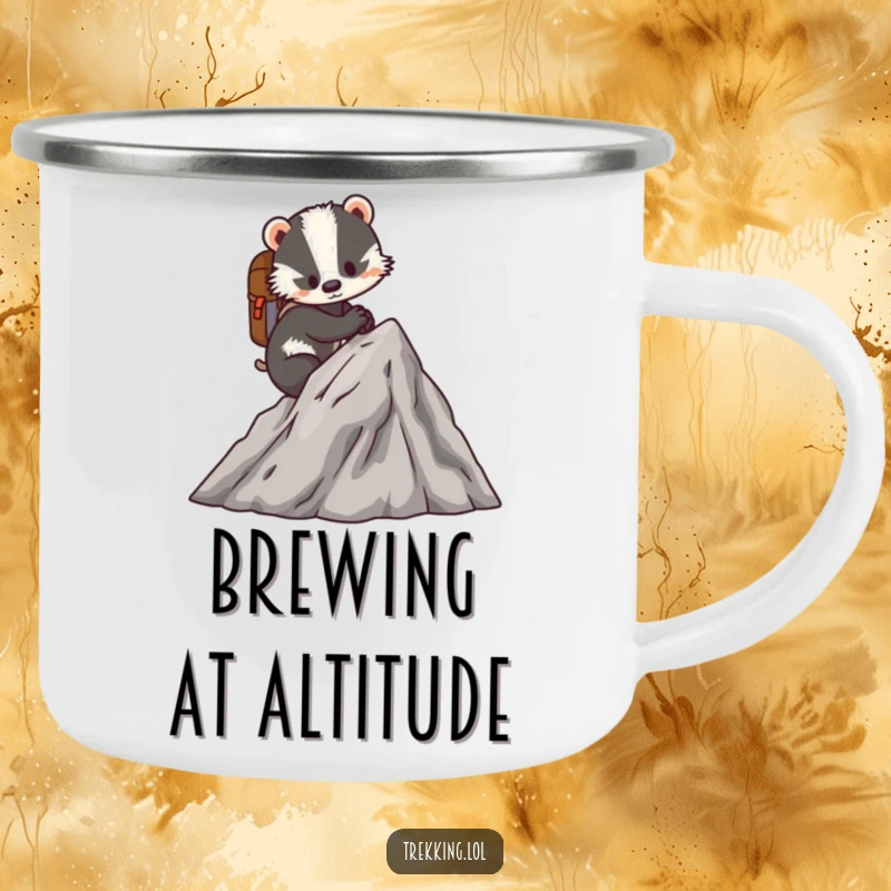 Funny camping mug with a determined badger scaling a miniature mountain with a tiny backpack, perfect for outdoor adventurers.