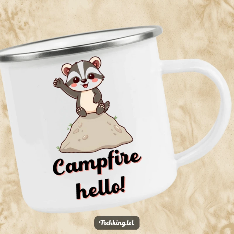Funny Camping Mug with an energetic badger cheerfully waving from a hilltop, perfect for enjoying beverages outdoors with a dose of humor.