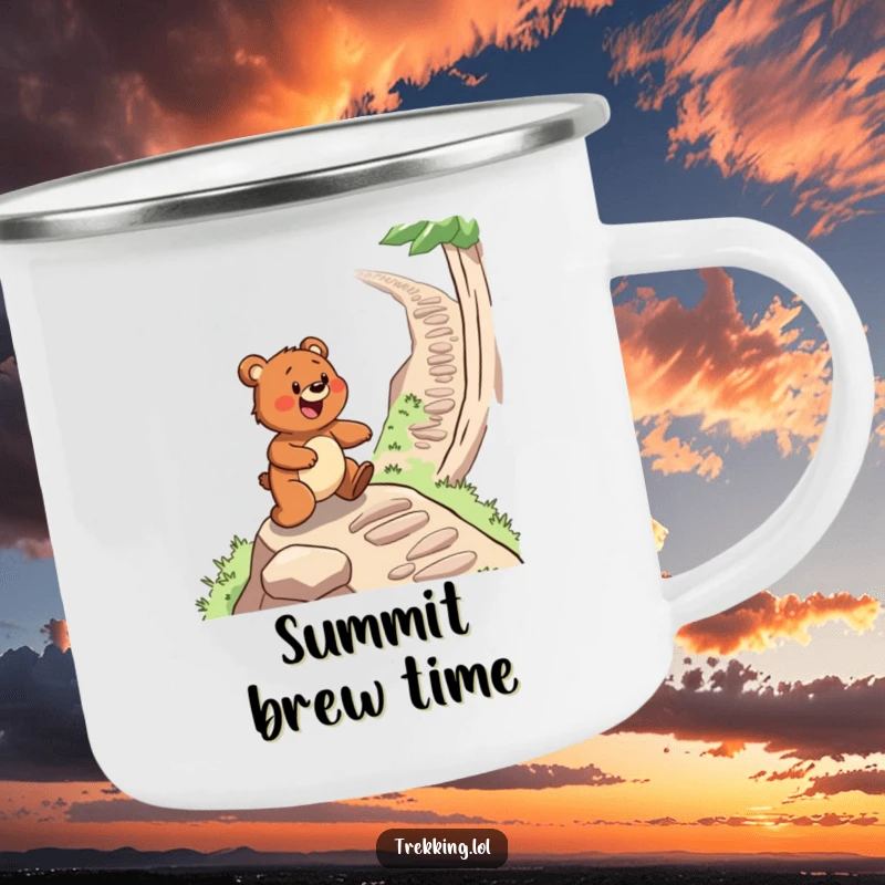 Funny camping mug with a determined bear gleefully navigating a steep, winding path, designed for outdoor enthusiasts.