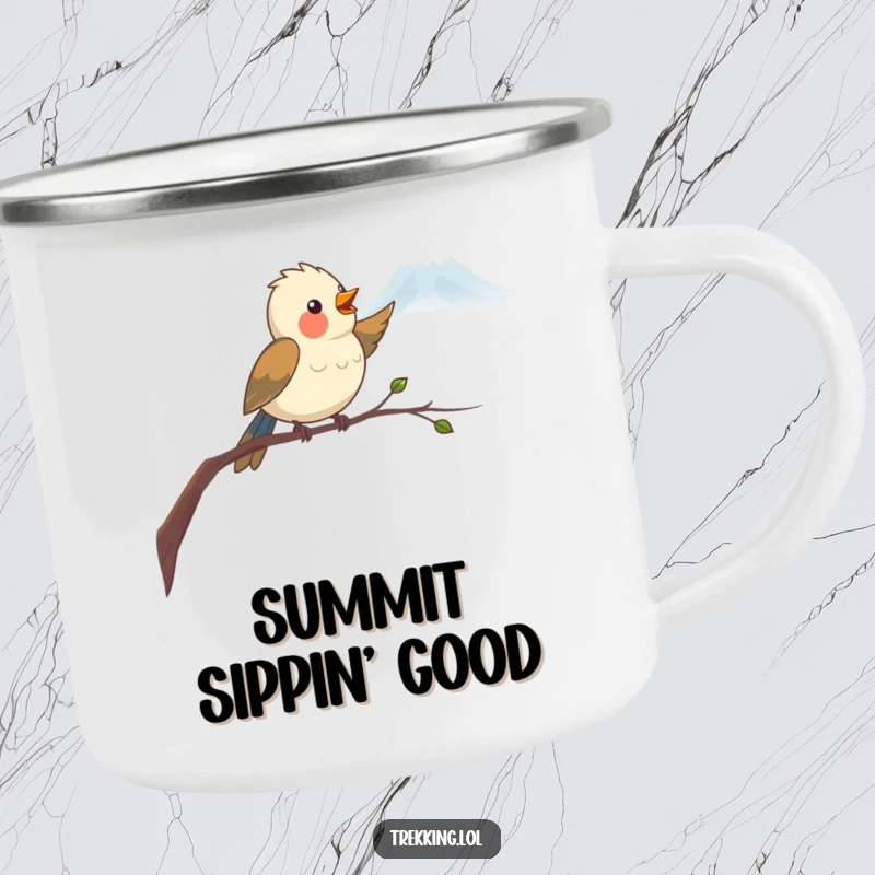Funny Camping Mug showing a happy bird on a branch pointing towards a distant mountain, perfect for enjoying drinks outdoors with humor.
