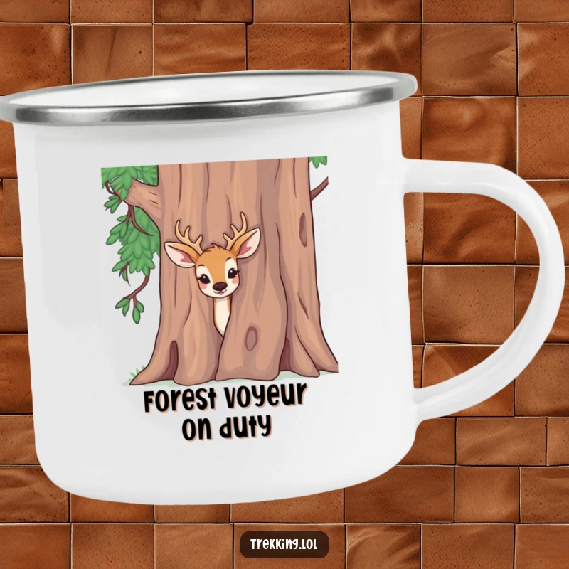 Funny camping mug with a delighted deer peeking curiously from behind a tree, perfect for outdoor adventures.