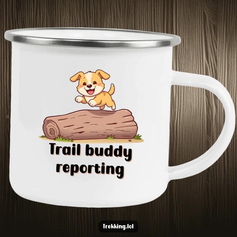 Funny camping mug showing a playful dog grinning as it bounds over a fallen log, perfect for outdoor fun.