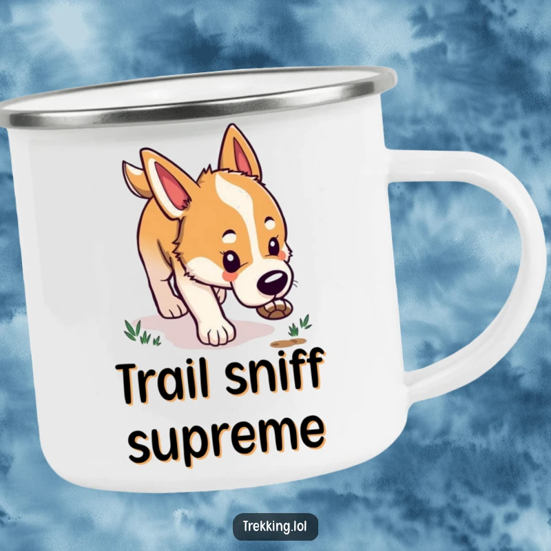 Funny camping mug showing a happy dog nose-down, tracking a scent trail, ideal for outdoor adventures and dog lovers.