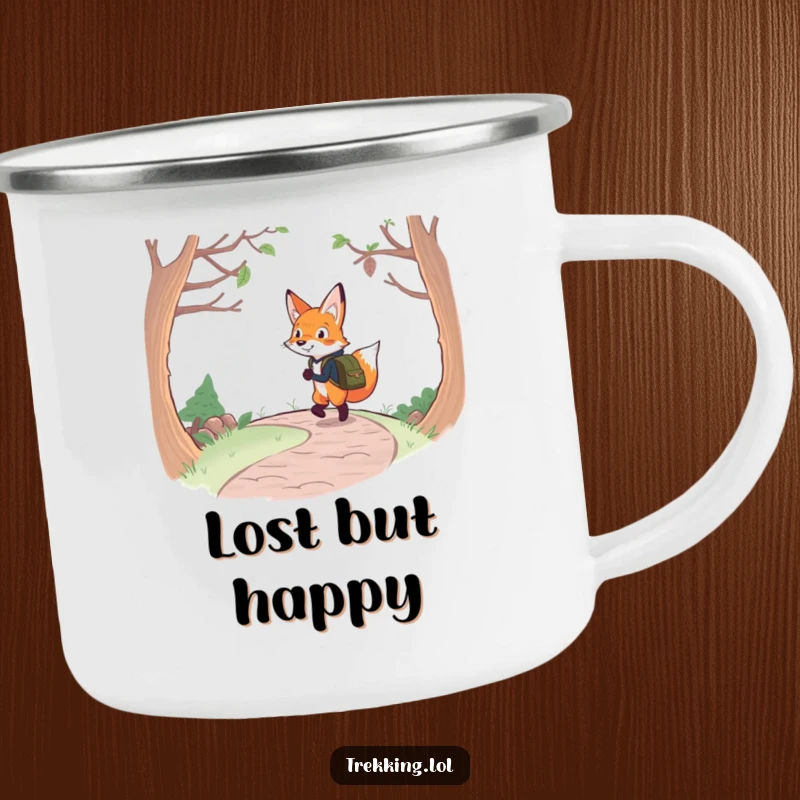Funny fox backpacking camping mug with a determined fox and backpack cheerfully navigating a winding path, ideal for outdoor drinks.