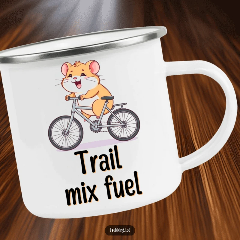 Funny Camping Mug showing a giggling hamster pedaling a tiny bicycle uphill, great for outdoor enthusiasts who appreciate humorous durability.