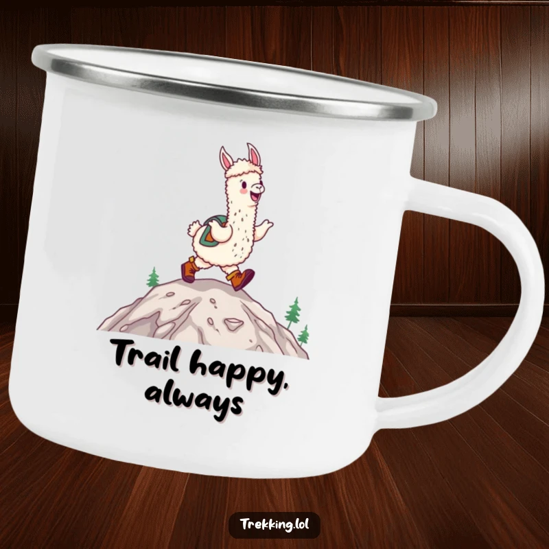 Funny happy alpaca wearing hiking boots, joyfully skipping up a mountain on a camping mug, outdoor humor.